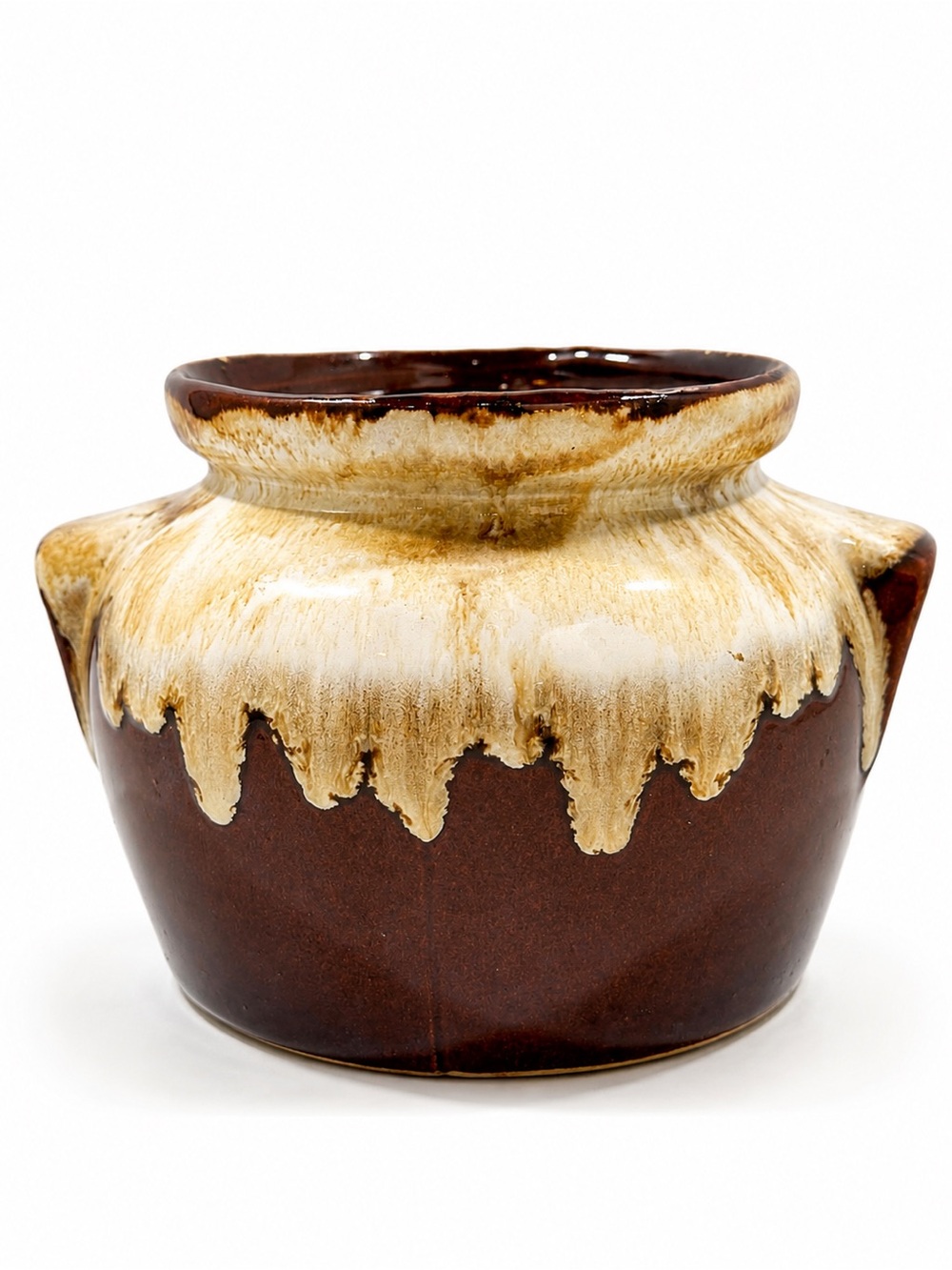 Vintage Brown Cream Drip Glaze Bean Pot Crock Handles No Lid Unmarked 5” Country